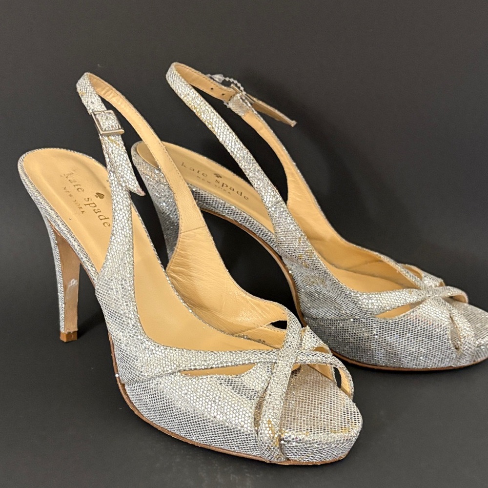 Kate Spade Glittering Silver Slingback Heels 4”